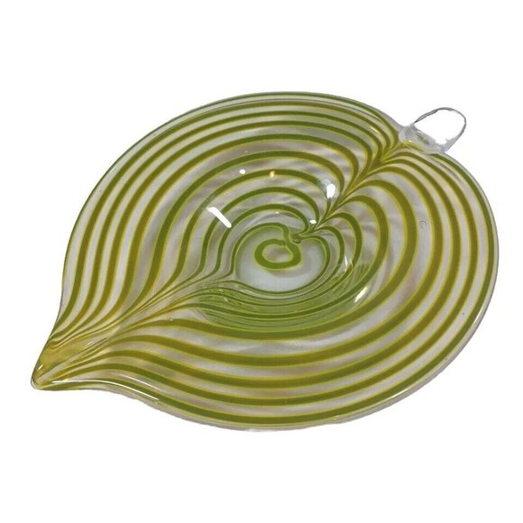 Mid Century Murano Centerpiece Bowl Tyra Lundgren Leaf Stripes Green Yellow - Picture 9 of 16